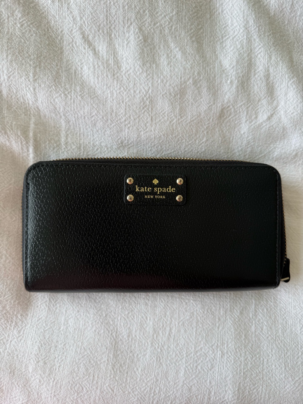 kate spade Black Leather Zip Wallet with Gold Plaque